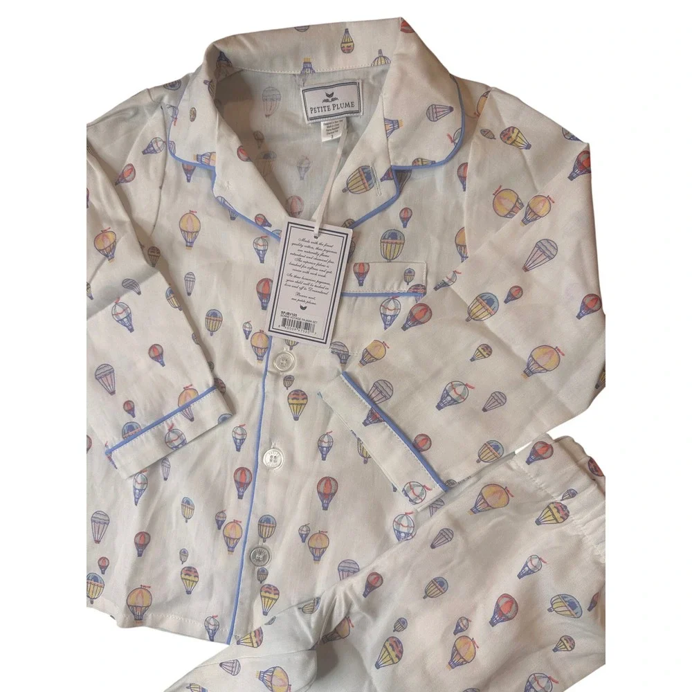Petite Plume Boys Bonne Voyage Pajama Set Hot Air Balloon White Blue Size 3 NEW